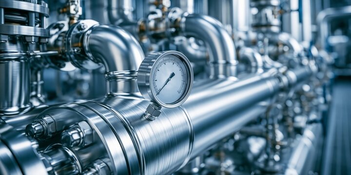 Shiny stainless steel industrial pipes and valves with a pressure gauge in a modern factory setting.