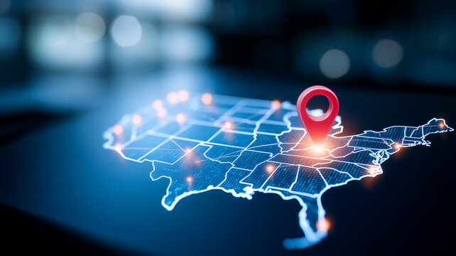 A location pin placed on a United States map represents geographic targeting route planning and nationwide business or delivery coverage.
