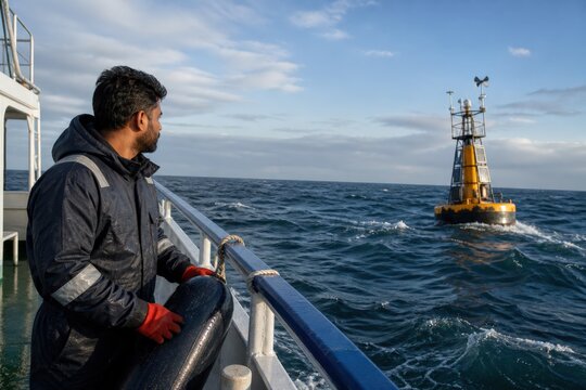 Marine buoy maintenance service vessel technician approaching weather editorial aboard large moderate open sea swell adult south