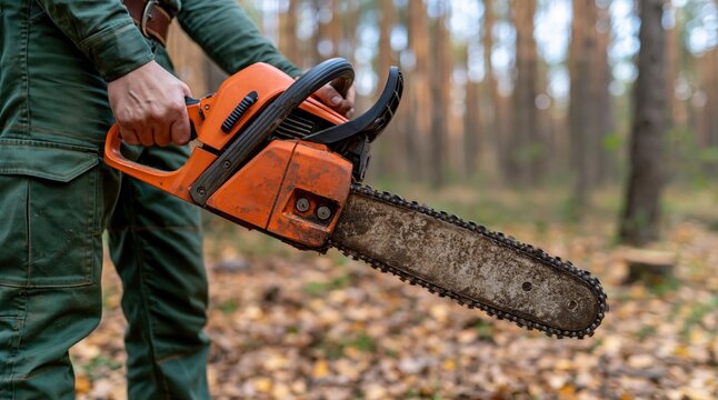 Man holding orange chainsaw in autumn forest