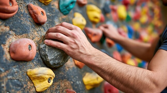Male hand gripping artificial hold on indoor climbing wall