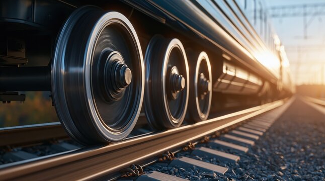Close up of train wheels on railway tracks at sunset