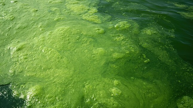 Green algae bloom covering water surface in sunlight