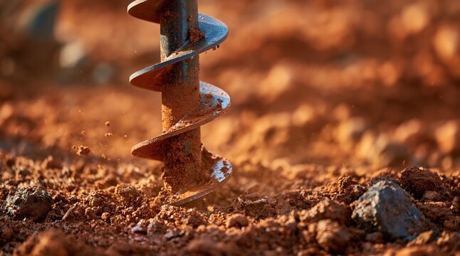 Close up of earth auger drilling into reddish brown soil