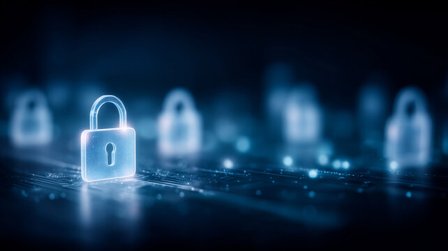 A digital padlock standing on a technology network represents cybersecurity data protection secure access and online privacy.
