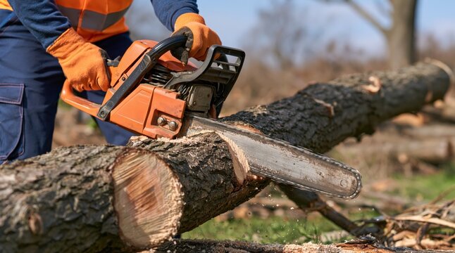 Professional worker cutting tree trunk with chainsaw outdoors