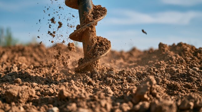 Earth auger drilling into soil at construction site