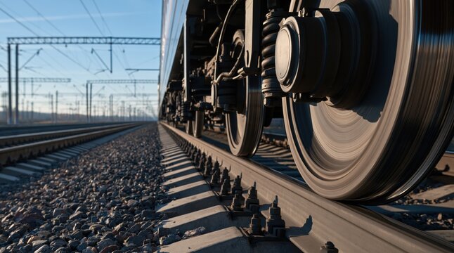 Close up of train wheels on railway track in motion under blue sky