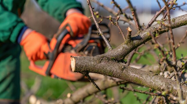 Gardener pruning fruit tree branches with chainsaw in spring orchard