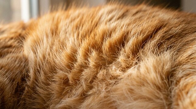 Extreme close-up of orange tabby cat fur showing individual guard hairs and soft downy undercoat in warm raking light