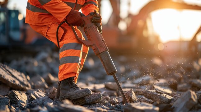 Construction worker using jackhammer to break rocks at sunset