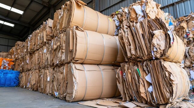 Stacks of compressed cardboard bales in recycling facility
