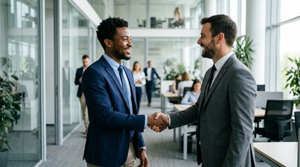 Fototapeta premium Two businessmen shaking hands in a bright modern glass office, one in a navy blue suit, smiling, with colleagues working behind them in a professional corporate workspace