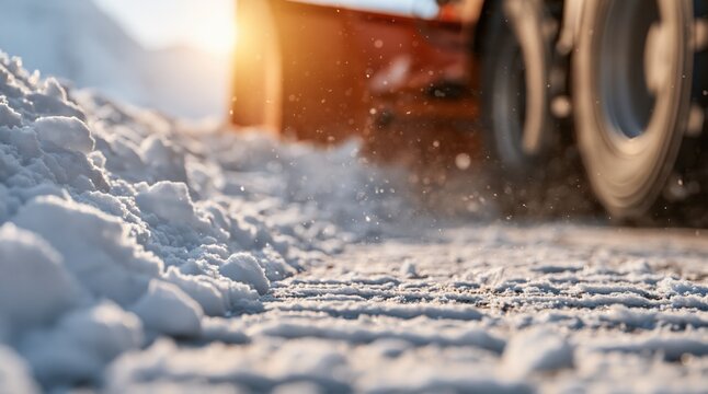 Low angle close up of snowplow clearing winter road at sunset