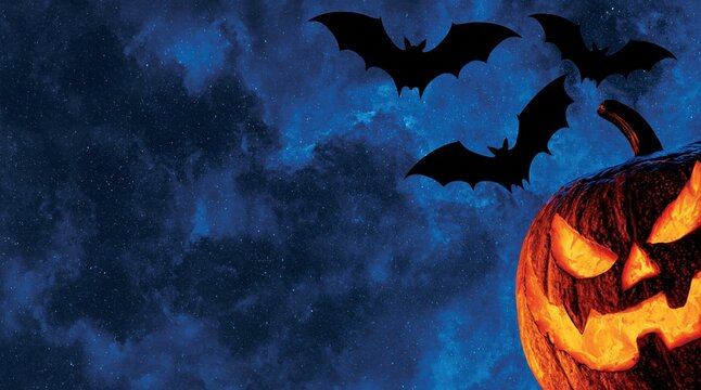 Halloween background with scary glowing pumpkin and flying bats in starry night sky