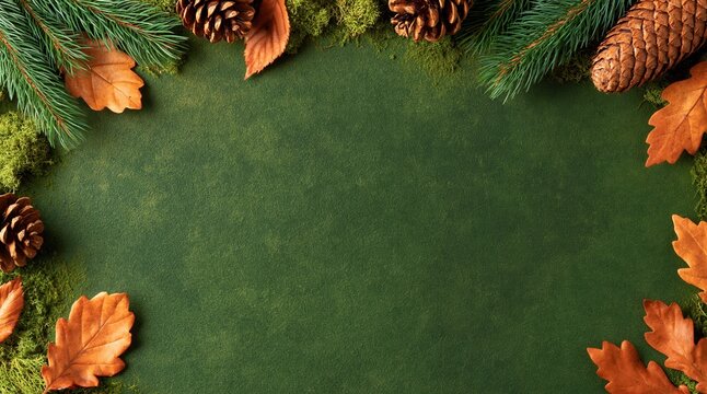 Pine cones dried oak leaves and moss frame on green background