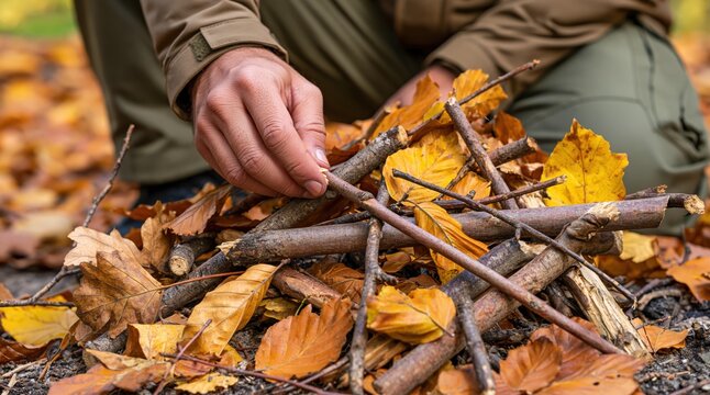 Person arranging small wood branches and dry leaves for campfire in autumn forest