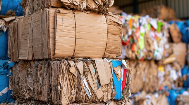 Large bales of recycled cardboard waste in recycling facility