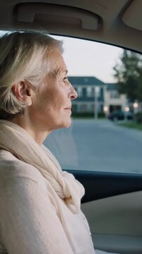 Vertical video: Feeling cold, senior woman in pale sweater adjusting knotting scarf in parked car