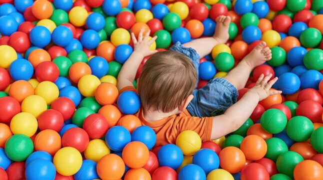 Baby boy playing in ball pit with colorful plastic balls