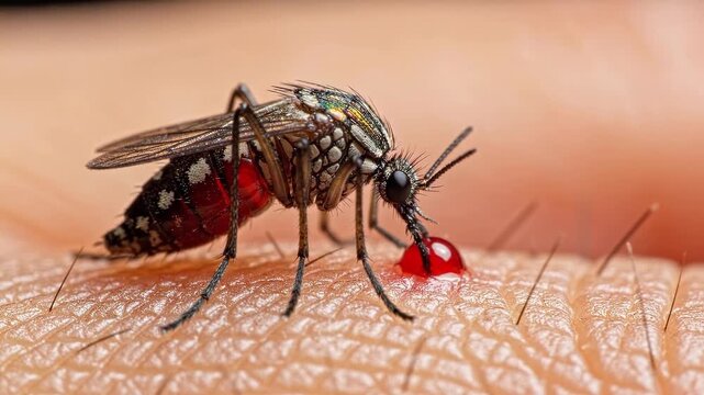 Macro closeup of a mosquito biting human skin and feeding on blood