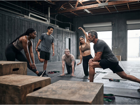 A diverse group of adults performs stretching and mobility exercises together in an industrial style gym. The scene emphasizes group fitness, functional training, flexibility and wellness.