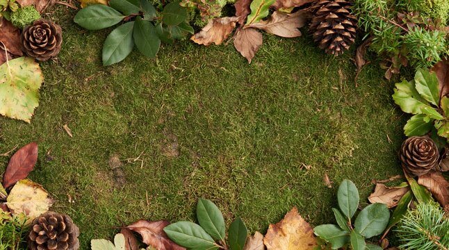 Frame of autumn leaves and pine cones on green moss background