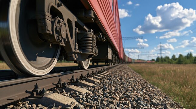 Close up of red train wheels moving on rails in rural landscape