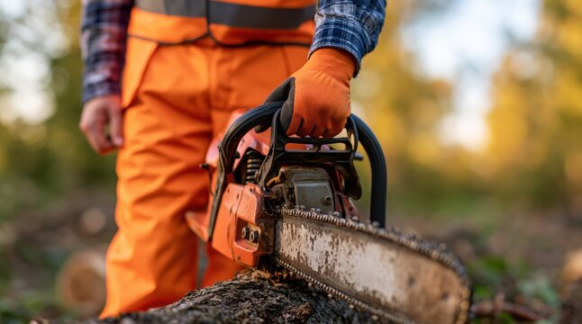Forest worker in orange safety clothing holding chainsaw on tree log