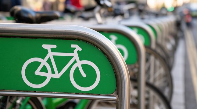 Row of green bike sharing stations with white bicycle icon on metal frame