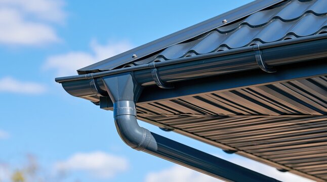 Modern gray metal gutter and downspout system on house roof against blue sky