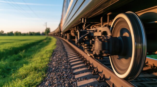 Close up of moving train wheel on railway track in rural landscape at sunset