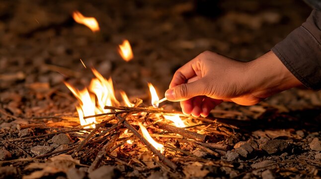 Hand lighting small campfire with match on rocky ground at night
