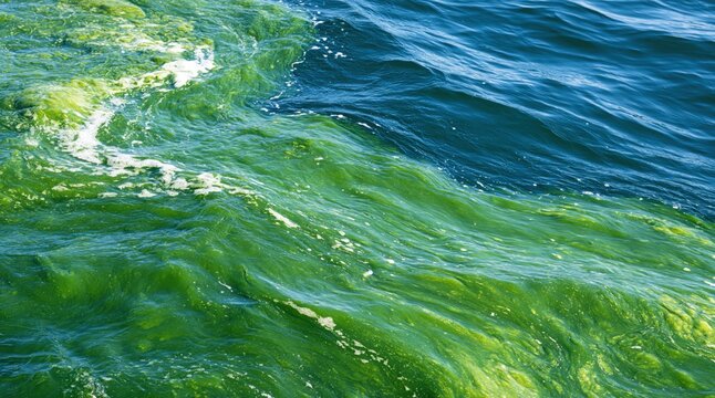 Green algae bloom on blue water surface