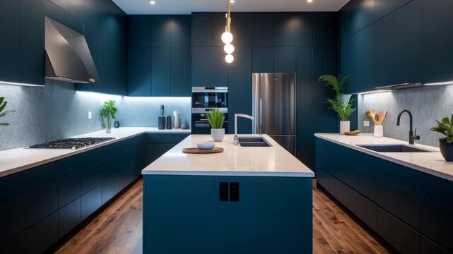 Modern stylish trendy kitchen interior with blue color furniture and household fitting AI Generative