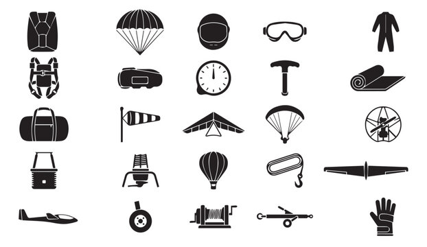 Extreme sports parachuting skydiving black glyph vector icons set with skydiving