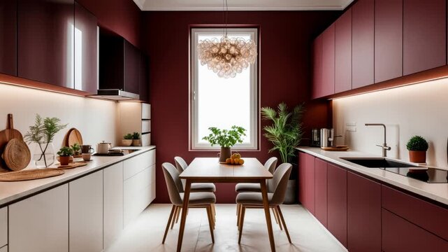 Modern stylish trendy kitchen interior with pink color furniture and household fitting AI Generative