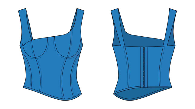 Stylish Blue Denim Corset Bustier Top Technical Fashion Sketch Front and Back Views for Women Clothing Design