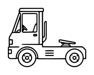 Fototapeta premium Hand-traced vector icon illustration of a yard mule utility truck, featuring clean black outline design with cabin, flatbed, wheels, and side step details on white background