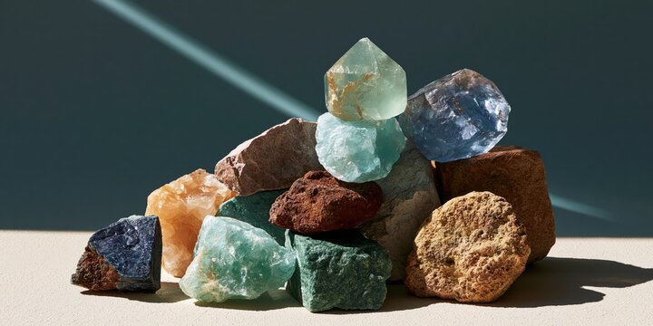 A colorful pile of raw minerals and crystals stacked together in natural sunlight against a teal background.
