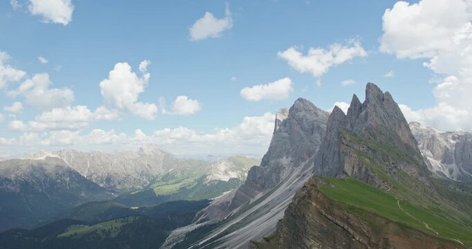 Scenic aerial view of seceda mountains in dolomites, italy