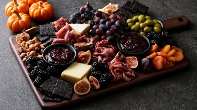 Abundant Halloween grazing board featuring assorted cheeses, cured meats, grapes, blackberries, figs, green olives, mixed nuts, dried apricots, dark crackers and berry preserves surrounded by mini pum