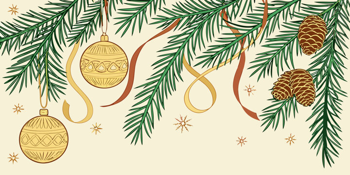 Hand Drawn Christmas Background with Fir Branches Ornaments and Cones