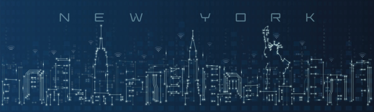 New York Smart City Skyline Vector in Circuit Board Style Futuristic Technology Background