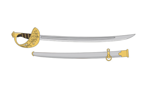 Elegant golden hilted saber sword alongside its matching silver scabbard displayed on a clean white background surface.