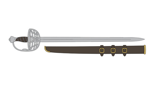 Historical fencing style sword with a silver basket hilt and a dark brown leather scabbard on a plain white surface.