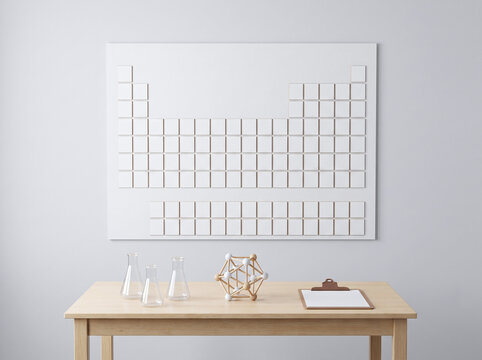 Blank periodic table wall chart with beakers and molecular model in classroom