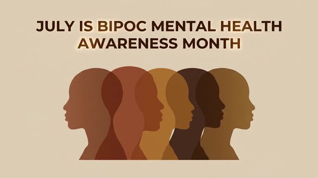July is BIPOC mental health awareness month animated text with diverse silhouettes.
