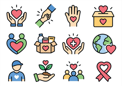 Volunteer, Charity and Community Support Icons. Charitable Giving and Volunteer Support Icon Set