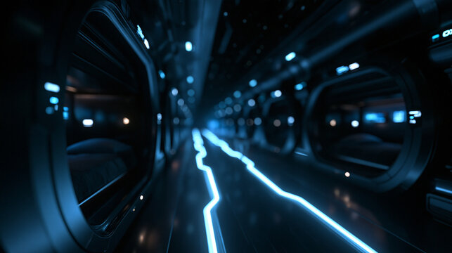 Futuristic Spaceship Corridor with Glowing Blue Neon Lights
